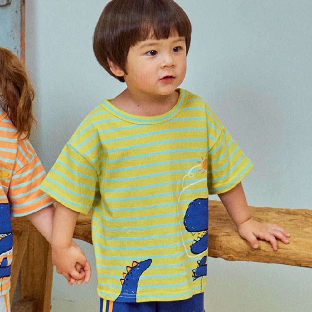 太陽恐龍條紋短袖上衣-黃X淺綠