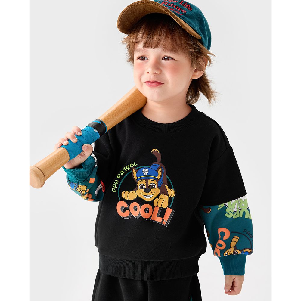 卡通汪汪隊假兩件長袖上衣/大學T-卡通人物阿奇-拼色黑