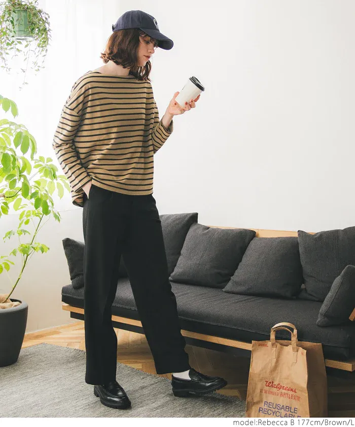 日本 COCA - [熱銷推薦] 百搭船領薄長袖上衣-條紋-灰x白