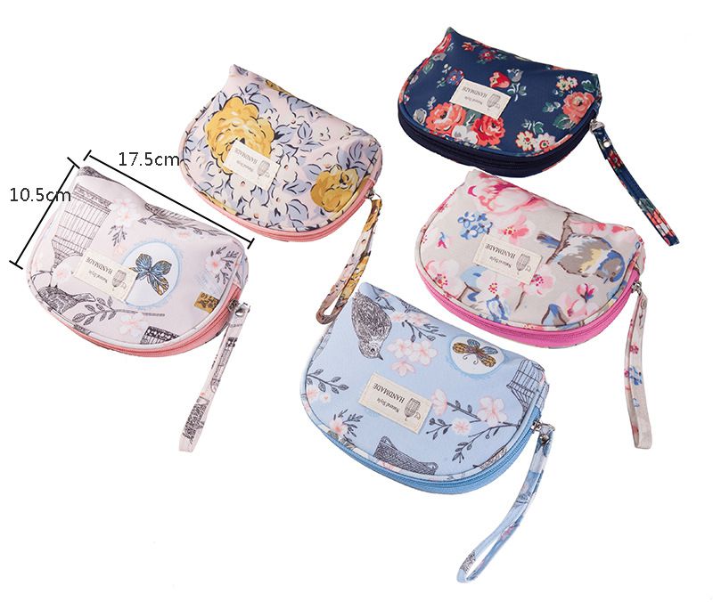 掛繩防水手拿化妝包-半圓-粉紅小鳥