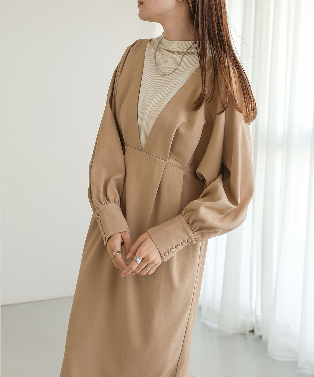 日本 Bab - 大V領拼接唯美歐風長袖洋裝-灰藍