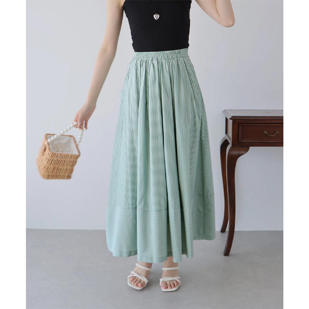 日本 BLUE EAST - 歐風質感條紋拼接修身長裙-綠x白