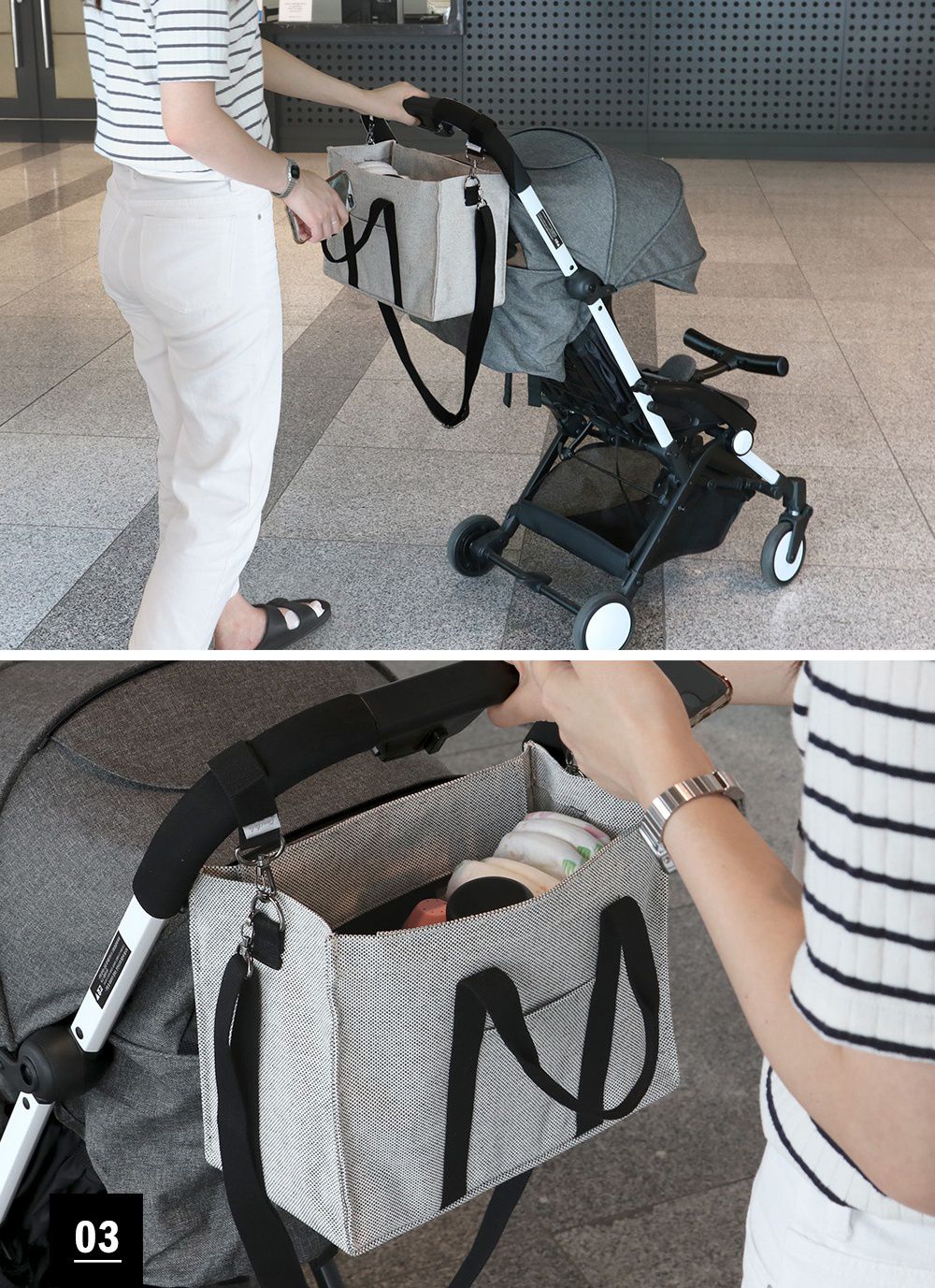 韓國 Conitale - 帆布多隔層媽媽包/推車收納袋-質感灰 (31X22X15cm)