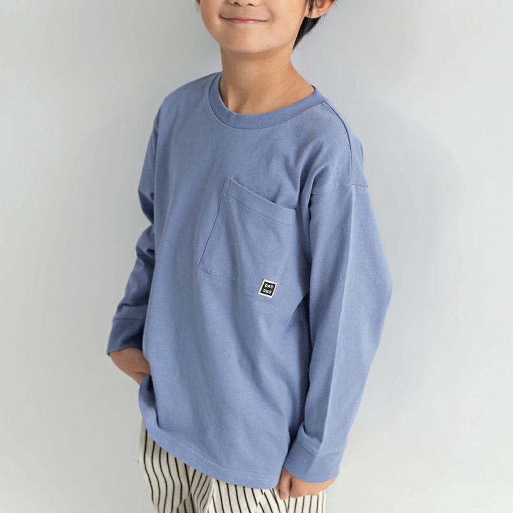 100%棉 簡約口袋長袖上衣-灰藍