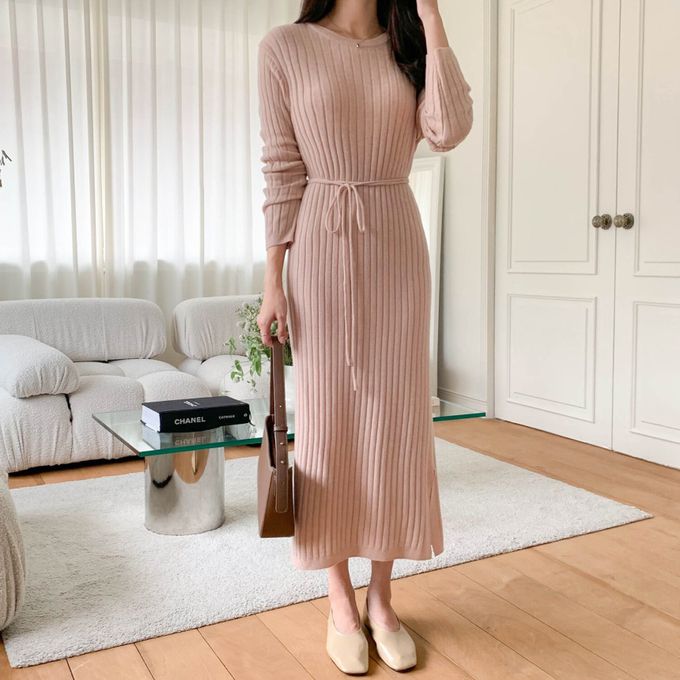 韓國女裝連線 - 喀什米爾羊毛針織連身洋裝-淡粉 (FREE)