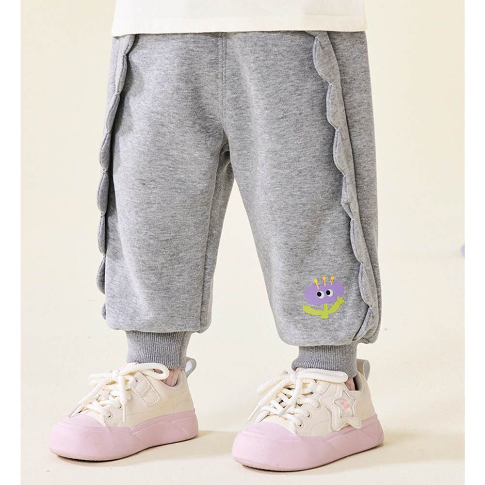 腰鬆緊運動休閒長褲-立體花邊-麻灰色