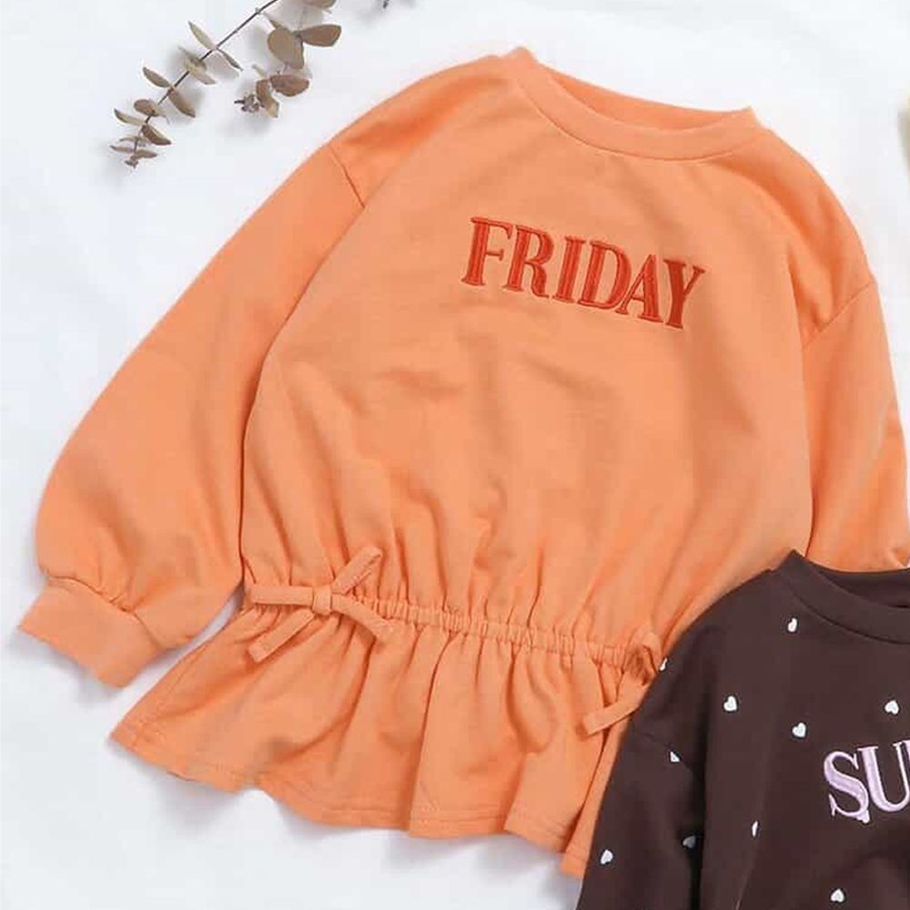 100%棉 可愛荷葉縮腰長袖上衣-FRIDAY-橘