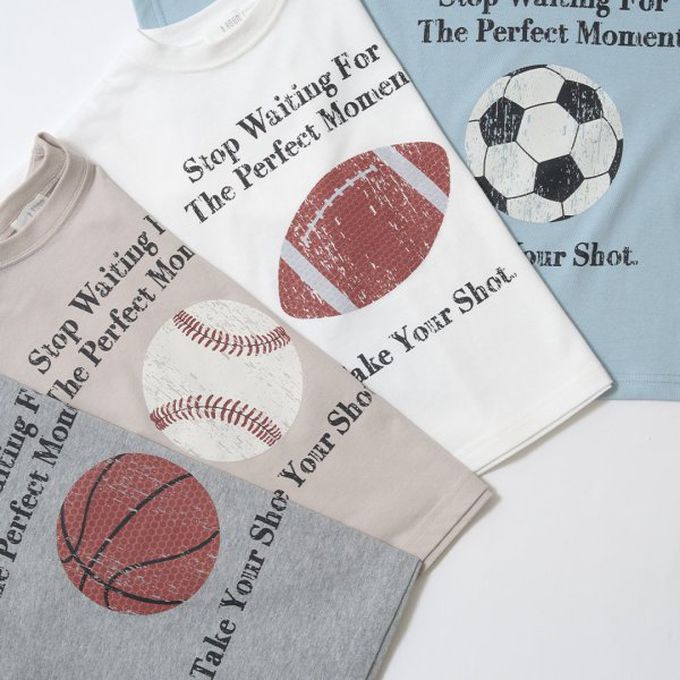 日本 b-ROOM - 球類印花舒適天竺棉短袖上衣-籃球-灰