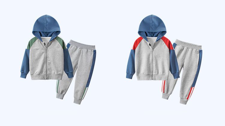 純棉連帽運動套裝-灰色x紅色