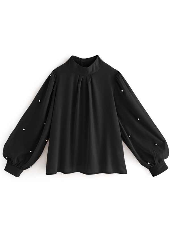 日本 GRL - 浪漫珍珠點綴長袖上衣-黑 (F)
