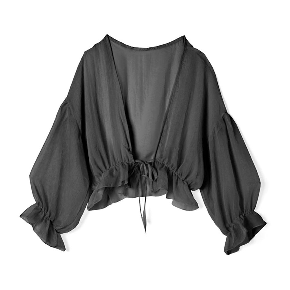 日本 GRL - 質感透膚澎澎袖綁帶外套/罩衫-時尚黑 (F)