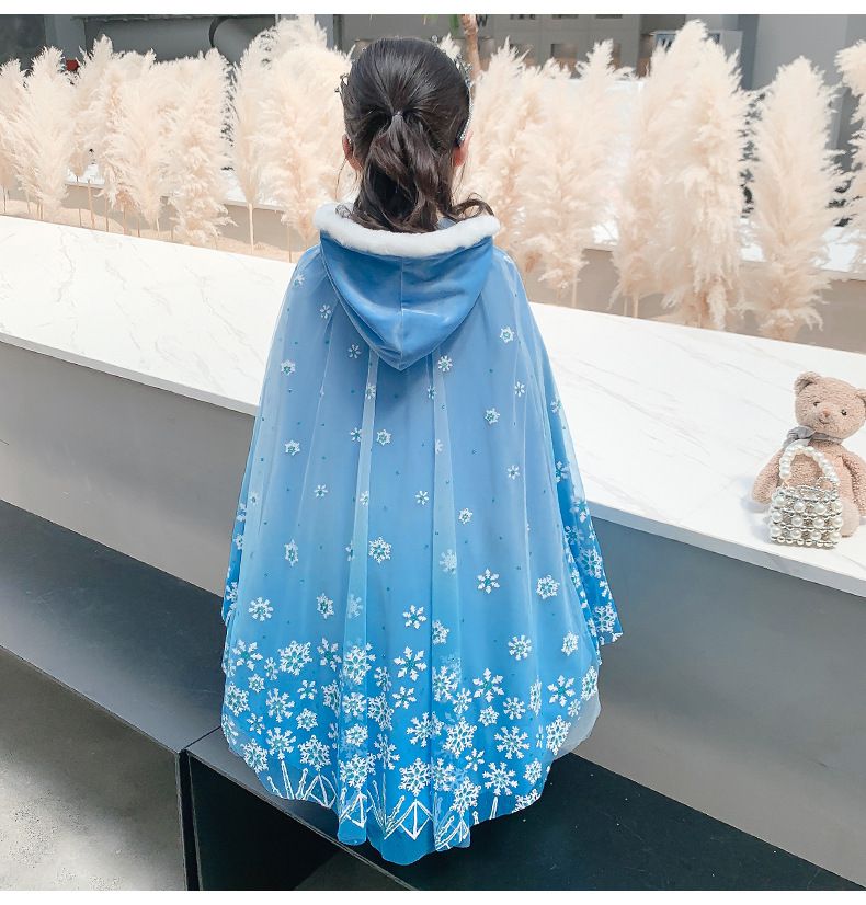 冰雪雪片印花保暖斗篷-藍
