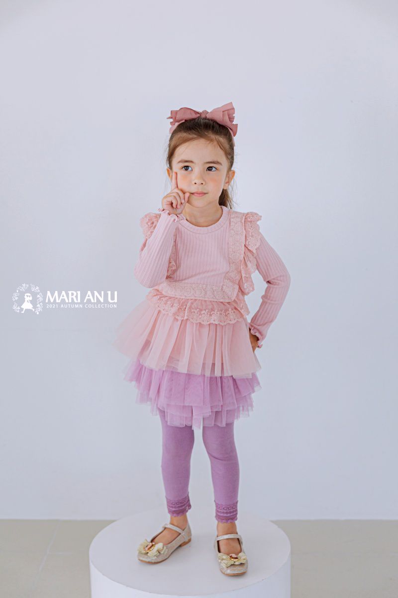 韓國 Mari an u - 荷葉蕾絲滾邊針織網紗拼接上衣-粉紅