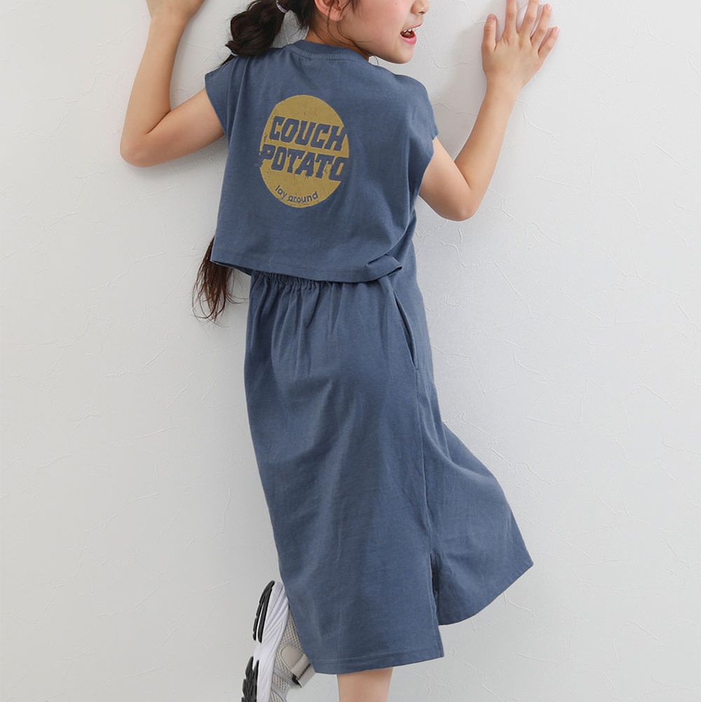 背後開口美式印花短袖洋裝-煙燻藍