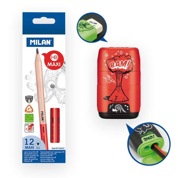 MILAN - 學童文具組-學齡前的第一枝三角鉛筆_12入裝+COMPACT橡皮擦+削筆器_恐龍樂園_岩漿紅