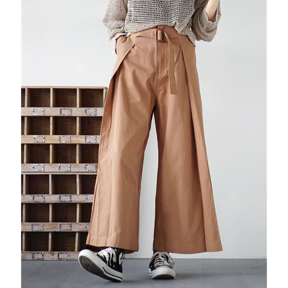 日本 zootie - 純棉率性設計感打褶腰帶寬褲-橘
