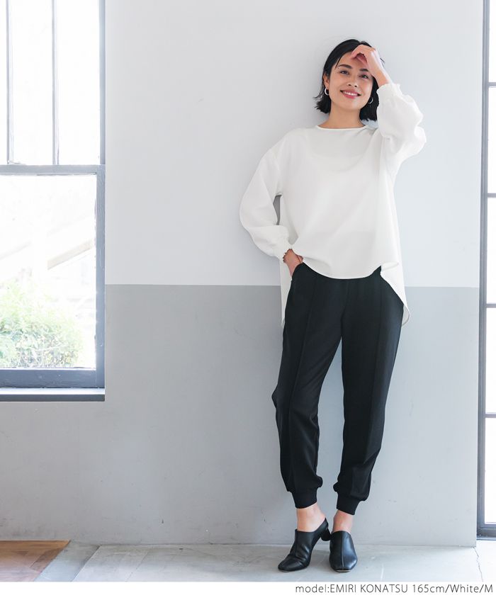 日本 COCA - 氣質修身前短後長抓皺袖口長袖上衣-深藍