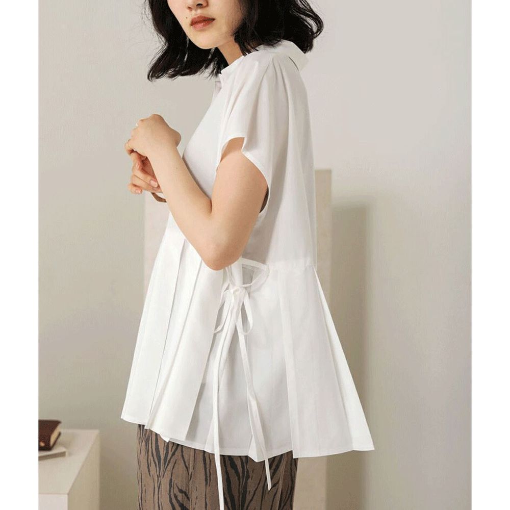 日本 Bou Jeloud - 百褶設計綁帶短袖襯衫-白