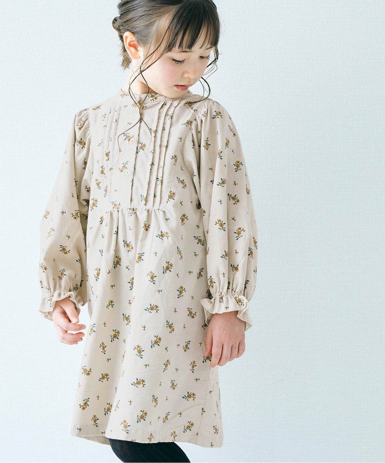 日本 apres les cours - 襯衫領微甜束口長袖洋裝-碎花-海軍藍