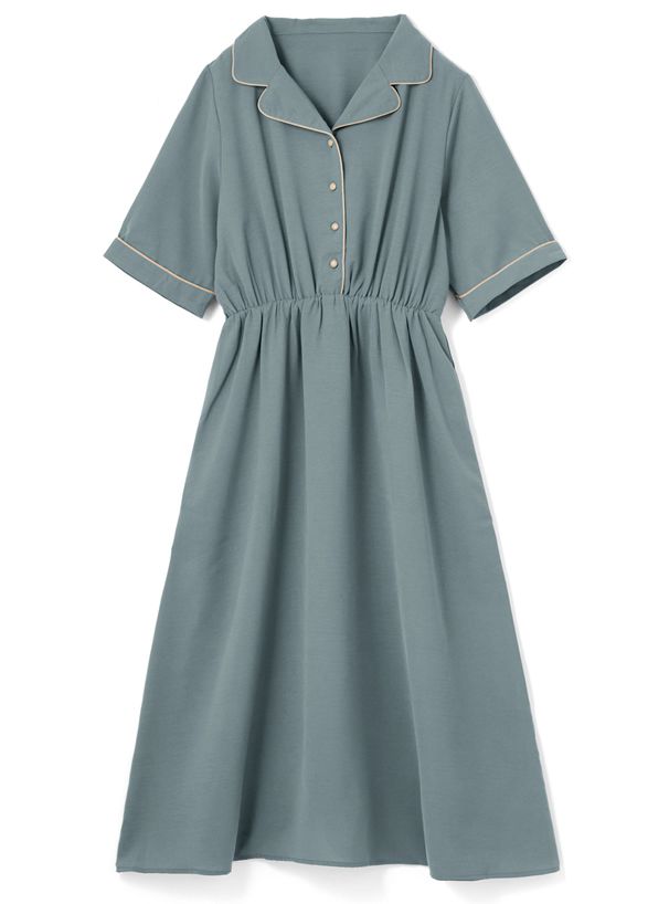 日本 GRL - 復古滾邊翻領收腰短袖洋裝-綠松石