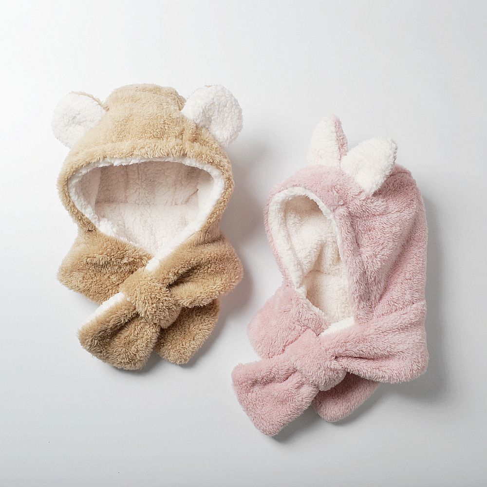 毛絨絨圍脖一體帽-熊熊耳朵-淺咖啡色 (M(約3歲到8歲))