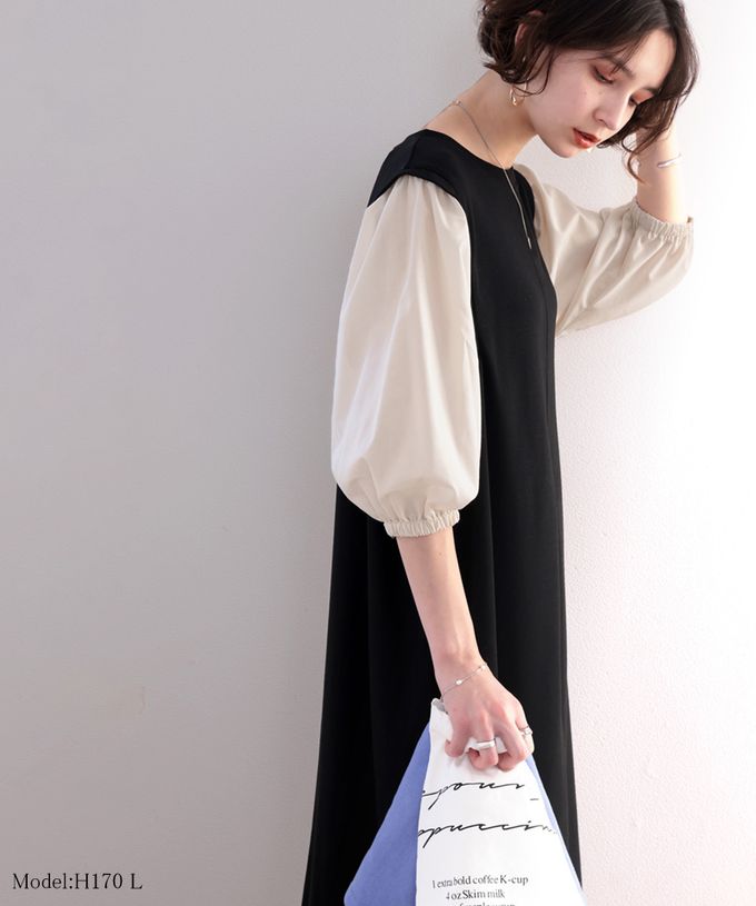 日本 Classical Elf - 優雅泡泡拼接袖修身洋裝-摩卡x米白