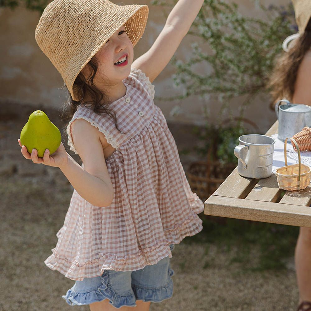 田園格紋荷葉襬微透無袖襯衫-藕粉