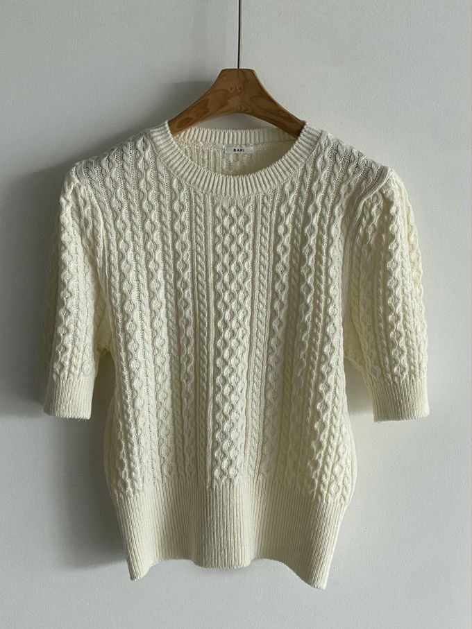 韓國女裝連線 - 麻花辮編織五分袖針織上衣-米白 (FREE)