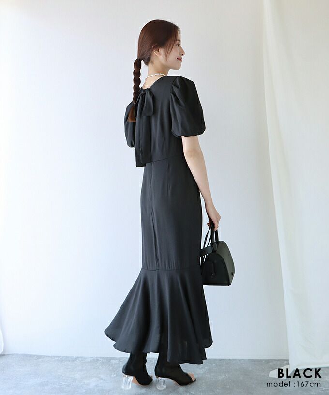 日本 BLUE EAST - 時光漫漫後綁帶泡泡袖洋裝-簡約黑