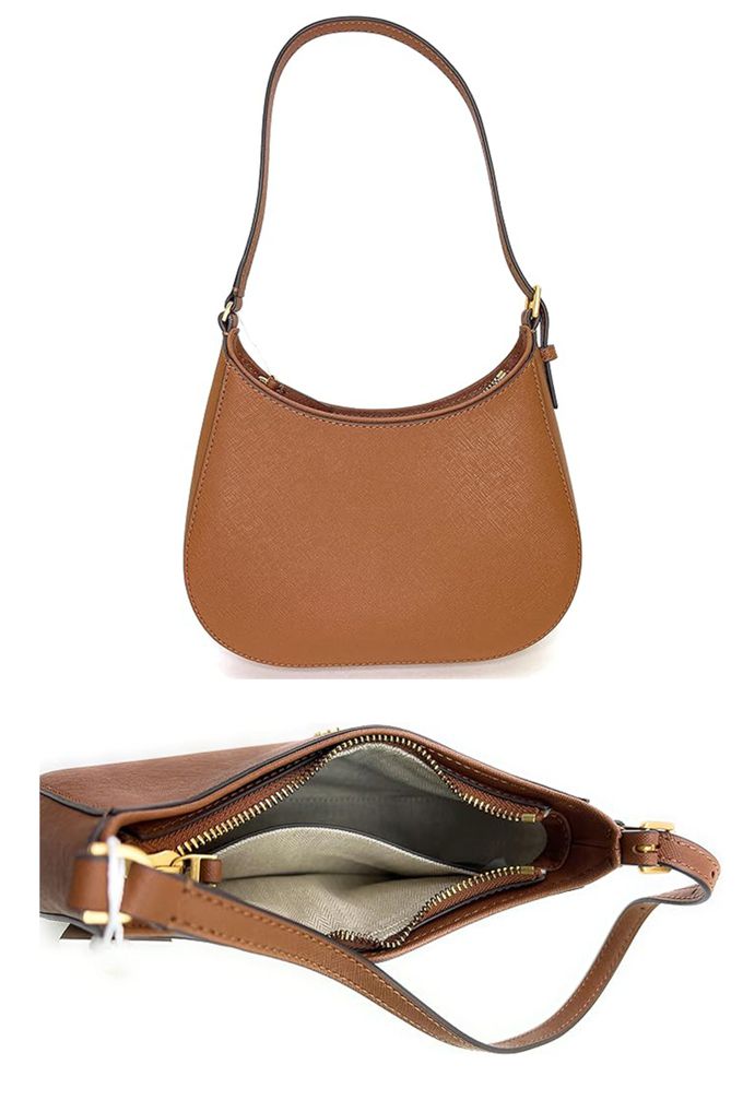 TORY BURCH - 素面皮革拉鍊肩背包 (焦糖)