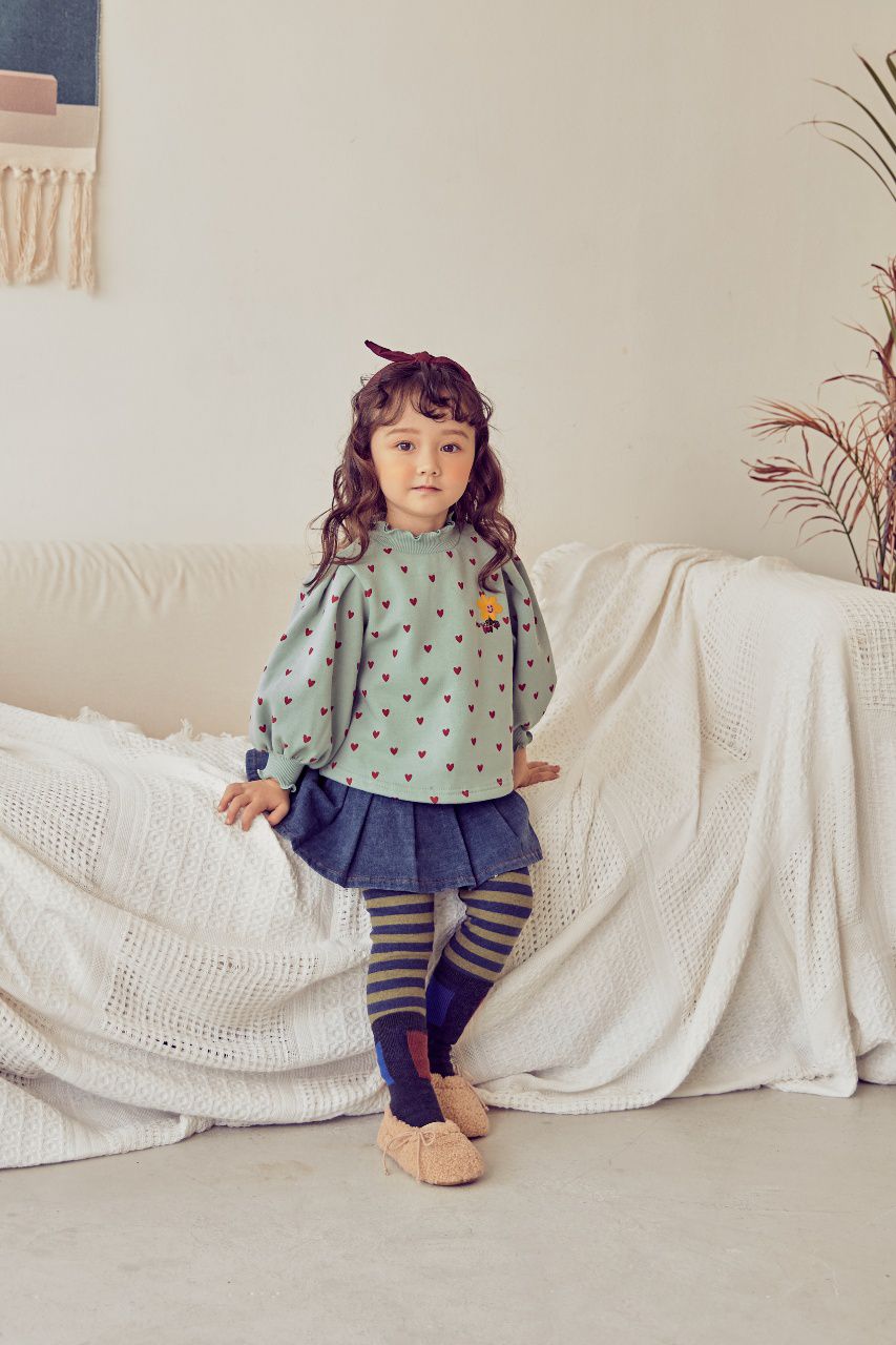 韓國 Mimico - (裏起毛)微笑花朵愛心泡泡袖T-薄荷綠