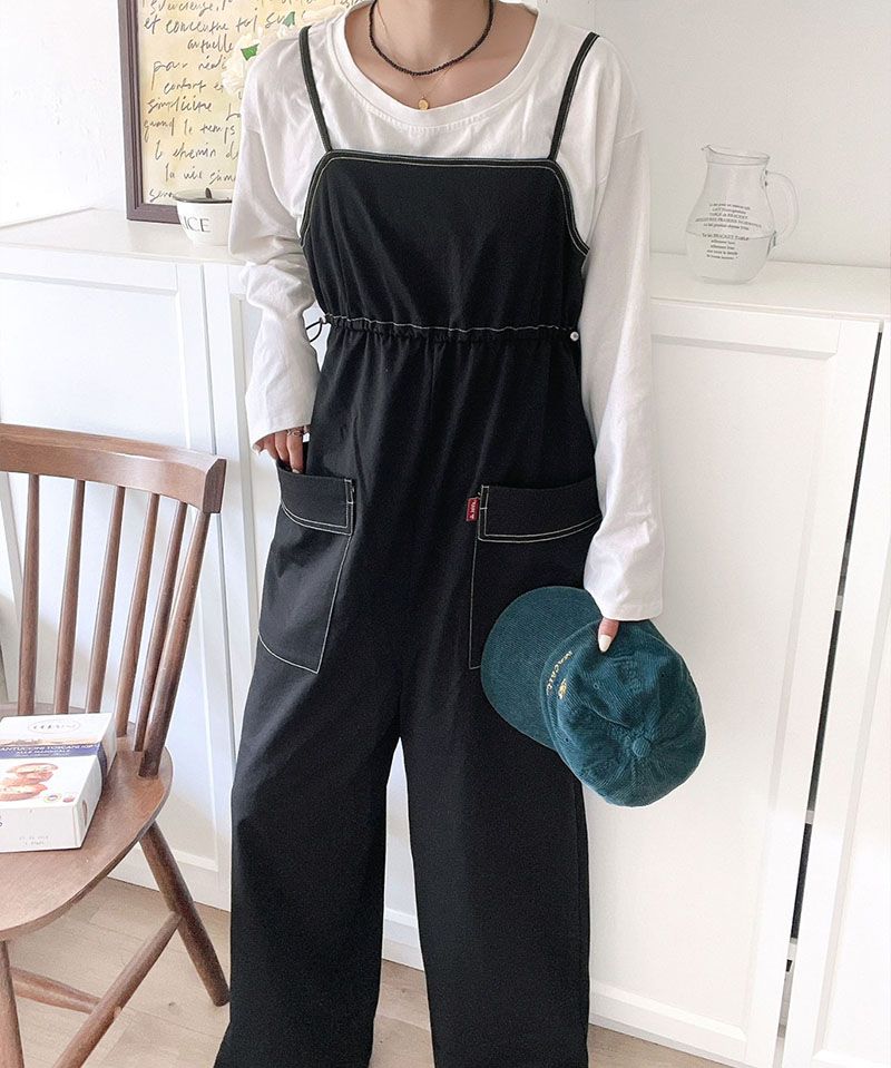 日本 Classical Elf - 工裝風側抽繩吊帶褲-黑