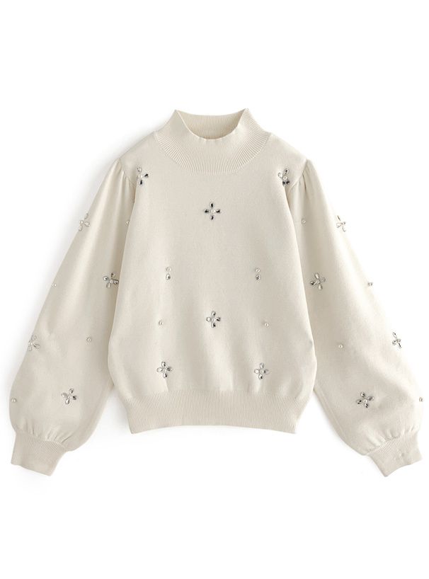 日本 GRL - 氣質花朵閃耀針織上衣-水藍 (F)