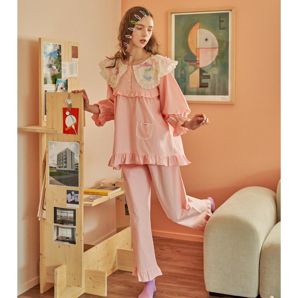 韓國 ULLALA - 馬卡龍蝴蝶結裝飾睡衣套裝-粉紅 (FREE)