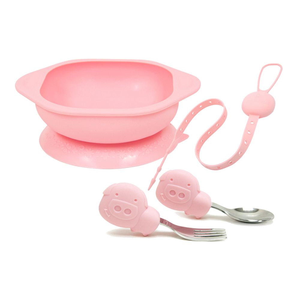 MARCUS＆MARCUS - 好好吃飯學習餐具組(吸盤碗+握握叉匙+防掉帶) -粉紅豬