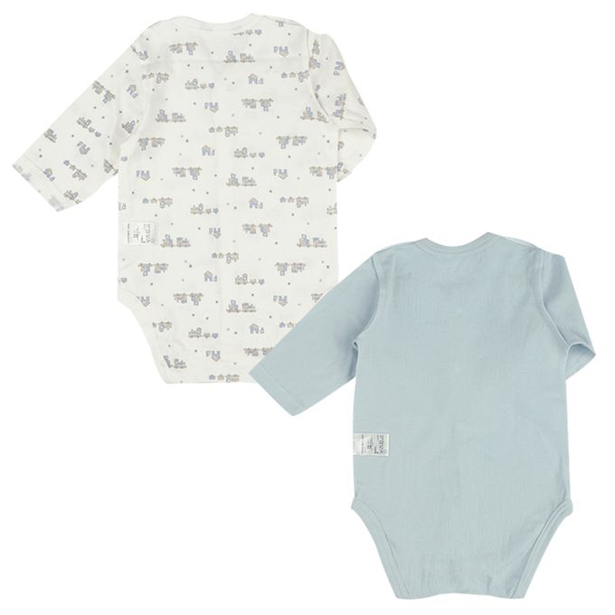 akachan honpo - 長袖前開式速乾包屁衣-2件組 玩具列車-藍色