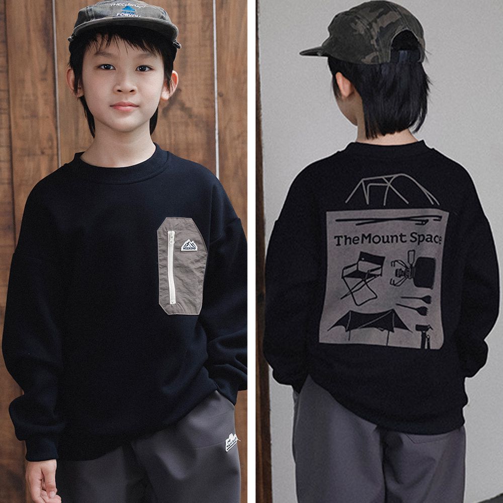 保暖加絨口袋拼接長袖上衣/大學T-後露營印花-黑色