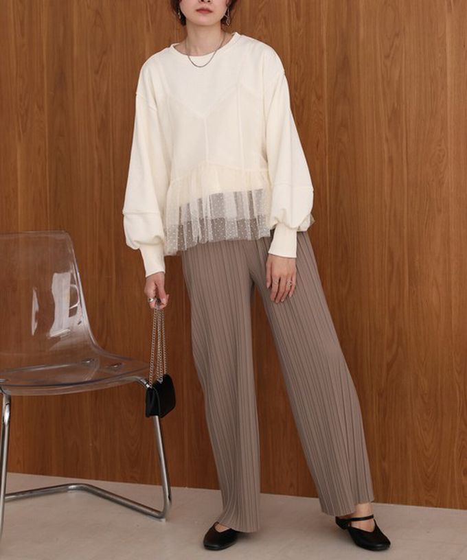 日本 Bab - 浪漫層次吊帶+裏毛上衣(2件組)-圓點薄紗-深灰