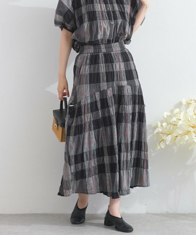 日本 Lupilien - 印度棉 皺皺文青格紋側抽繩長裙-米杏