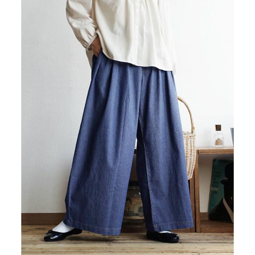 日本 zootie - 文藝感寬鬆修身丹寧寬褲-水藍