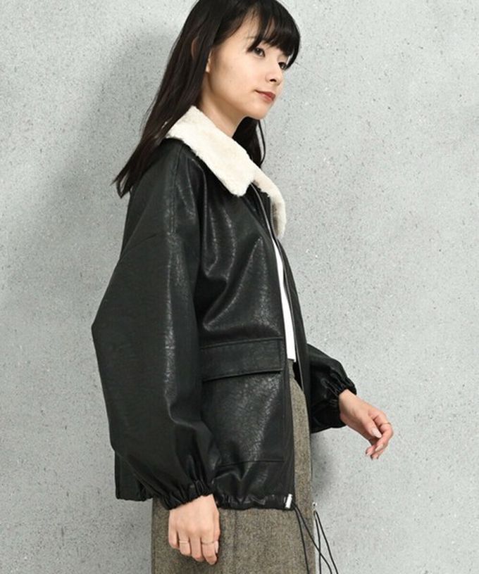 日本 ELENCARE DUE - 2way毛領質感仿皮俐落夾克外套-灰褐