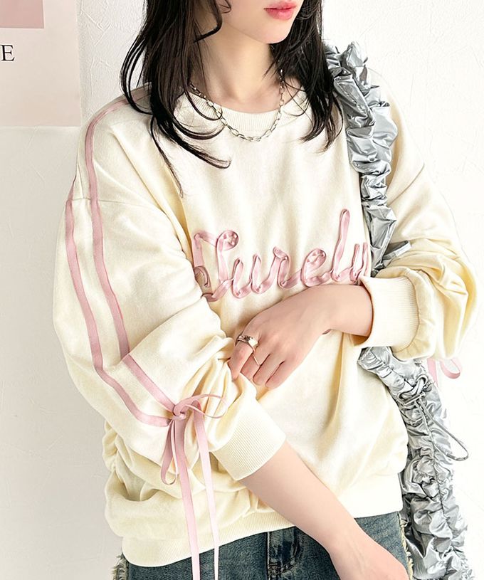 日本 Classical Elf - mily bilet 甜美袖蝴蝶結立體logo上衣-白緞帶-炭灰