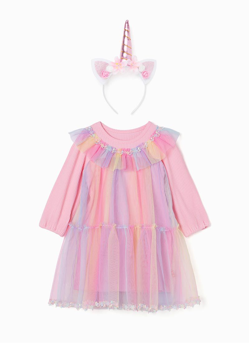 韓國 OZKIZ - 彩虹仙子網紗洋裝(附髮飾)-粉