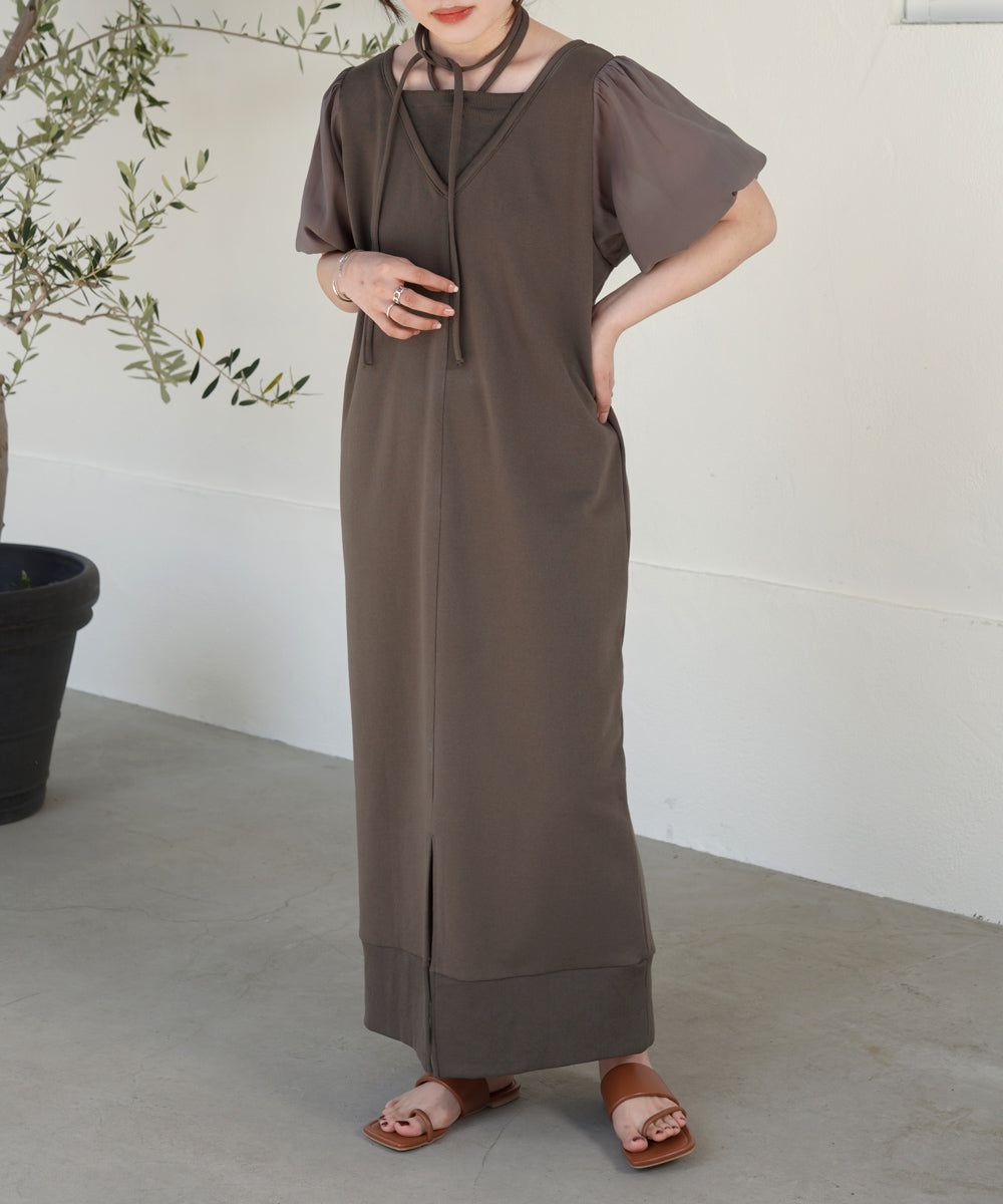 日本 Bab - 優雅綁帶V領泡泡袖洋裝-淺摩卡