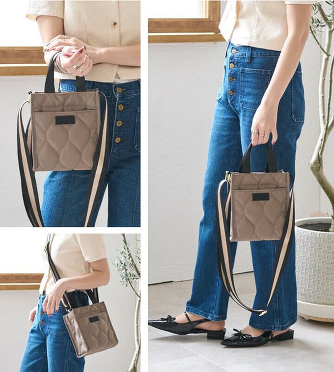 日本 LIZDAYS - 防潑水 輕巧絎縫方形側背小包-軍綠x黑