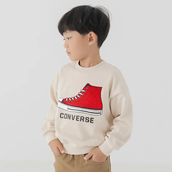 日本 Chil2 - CONVERSE聯名 縮口印花長袖上衣-鞋子-海軍藍