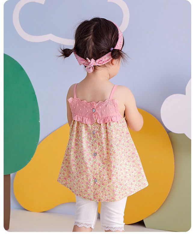 田園風純棉吊帶洋裝-碎花款-粉色