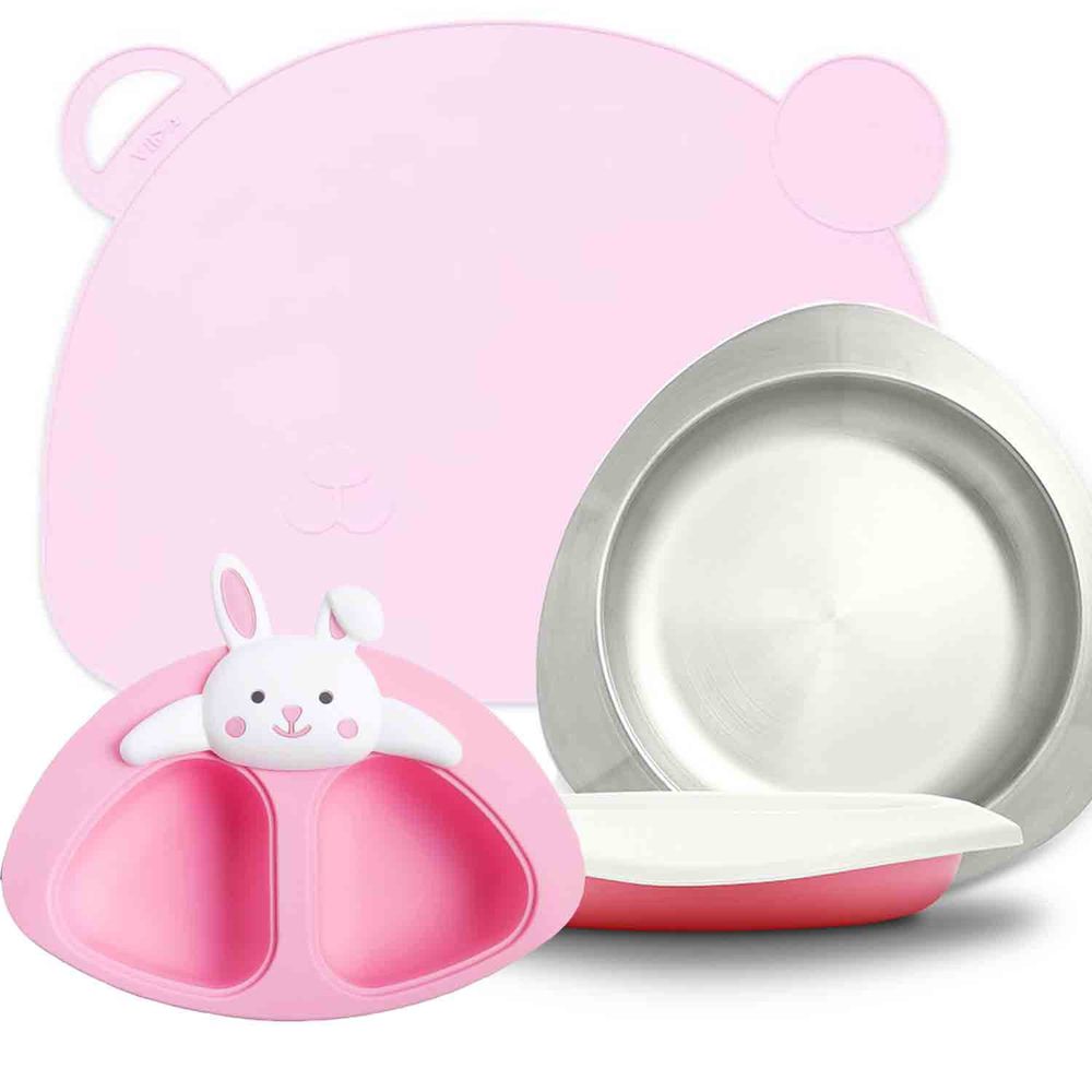 VIIDA - Soufflé抗菌不銹鋼餐盤 (粉) +Joy防滑矽膠餐墊 (粉) +Joy多功能分隔盤 (我不是兔兔)