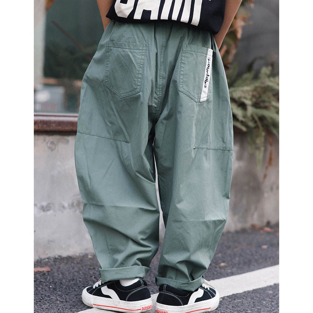 純棉腰鬆緊休閒長褲-口袋布標-綠色