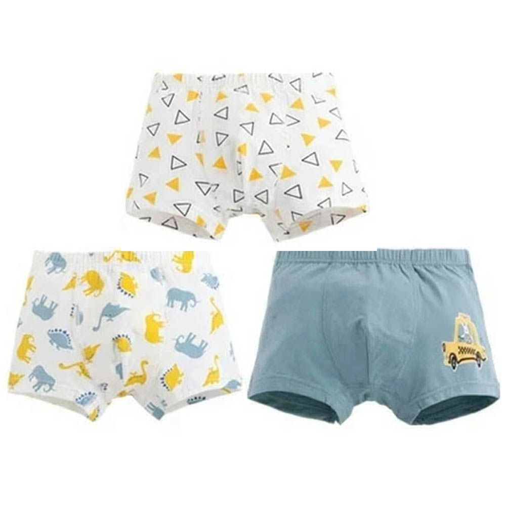 [人氣No.1]純棉透氣男孩內褲(3入)-恐龍x車車x三角形-藍白系